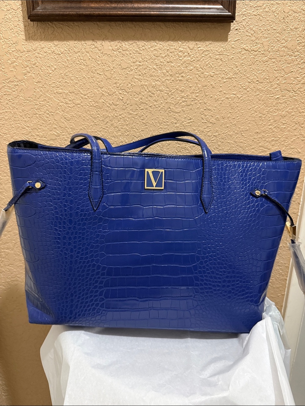 New in Packaging Victoria's Secret Royal Blue Croc-Embossed Tote with Gold Logo